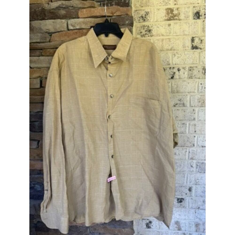 Robert Barakett 100% Linen Button Down Shirt Tan Windowpane Bud Light Logo  XXL